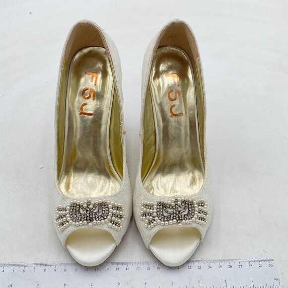 FSJ White Lace Pearl Wedding Wedge Pumps Elegant Peep Toe Bridal Evening Shoes - Picture 3 of 7